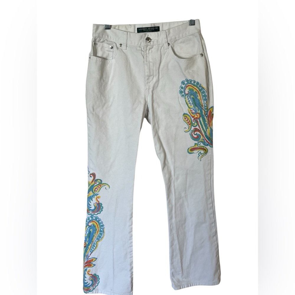 Ralph Lauren Jean Co Vintage Hand Painted White Jeans Paisley Pattern